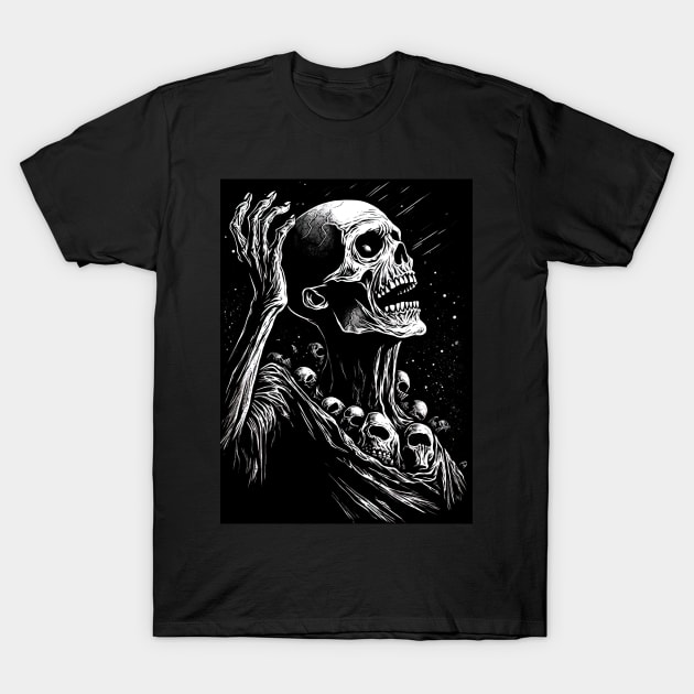 skeleton in space, halloween design, black background T-Shirt by Maverick Media
